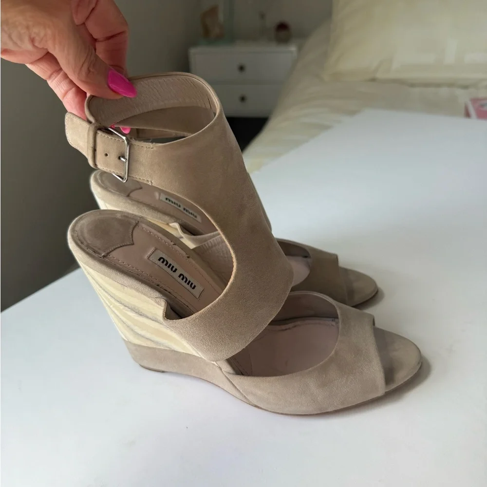 Miu Miu  Neutral Taupe Wedge Sandals